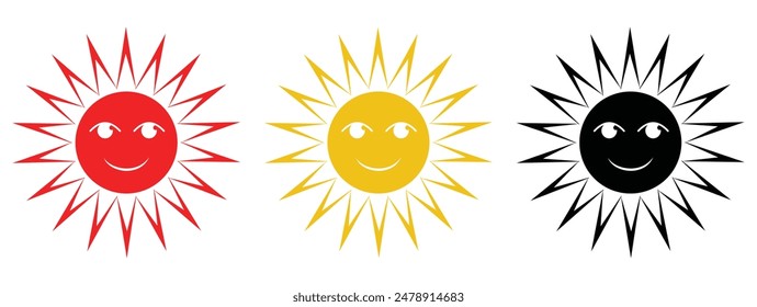 Sun icon set. Cute smiling sun icon. sun star icons collection. Summer, sunlight, nature, sky. Vector illustration isolated on white background.