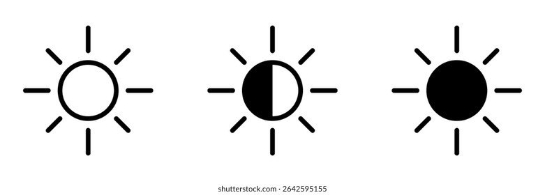Sun icon set. Dark and light mode icons. Brightness symbol.