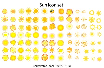 Sun Icon Set, Different Icons For Summer Logo. Collection Of Graphic Illustrations On An Isolated Background. Various Icons With Rays. Vector Illustration