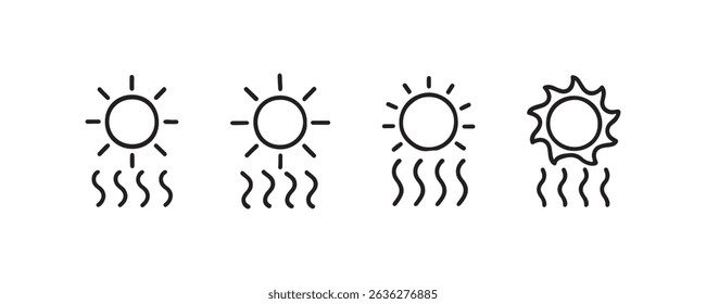 Sun icon set displaying various heat wave illustrations.