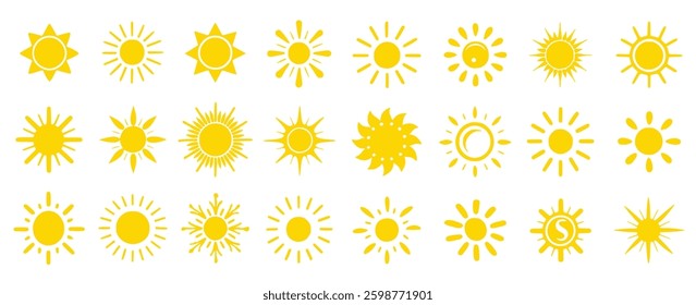 sun icon set featuring sunlight, sunrays, and glowing beams. Perfect for summer designs, weather symbols, solar energy, ultraviolet protection, and decorative sunny elements. Vector illustration.