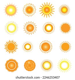 Sun icon set. Funny vector doodle sun. Summer, sunlight, nature, sky. Vector flat design. Isolated on white background. Hand drawn set. Sun icon vector symbol set. A group of shapes for the Sun.