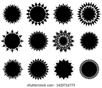 Sun icon set. Geometric retro sunburst shapes. Ethnic mandala design. Vector illustration.
