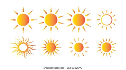Conjunto de ícones da estrela do sol. coleção de ícones da estrela do sol. Verão, luz solar, natureza, céu. sol e brilho solar. Ilustração Victor eps10
