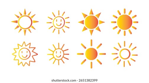 Conjunto de ícones da estrela do sol. coleção de ícones da estrela do sol. Verão, luz solar, natureza, céu. sol e brilho solar. Ilustração Victor eps10