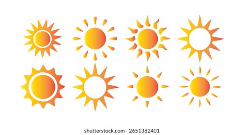 Conjunto de ícones da estrela do sol. coleção de ícones da estrela do sol. Verão, luz solar, natureza, céu. sol e brilho solar. Ilustração Victor eps10