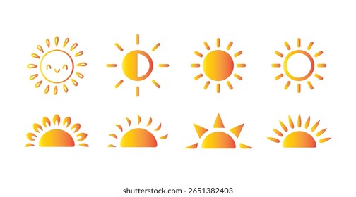 Conjunto de ícones da estrela do sol. coleção de ícones da estrela do sol. Verão, luz solar, natureza, céu. sol e brilho solar. Ilustração Victor eps10