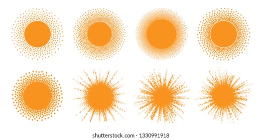 Sun icon set. Halftone orange circle with gradient  texture circles logo design element. Collection of sun emblems. Vector illustration 