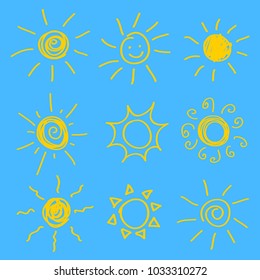 Sun icon set. Hand drawn doodle scribble sun symbol collection. Vector design