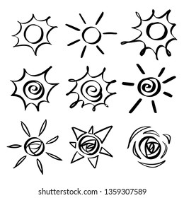Sun icon set. Hand drawn. Symbols. Child draw.