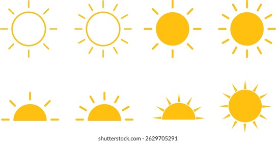 Conjunto de ícones da Sun. Energia solar quente para bronzeado. Símbolo de pôr do sol. Coleção de ícones simples de luz do sol