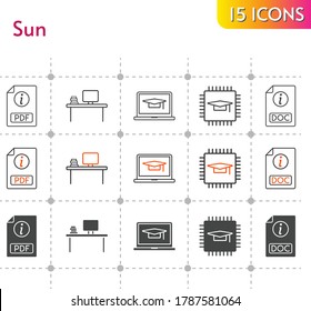 conjunto de iconos de sol. chip incluido, pdf, desktop, iconos doc sobre fondo blanco. estilos lineales, bicolores, rellenos.
