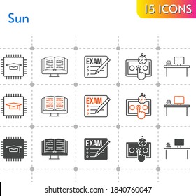 sun icon set. included exam, chip, ebook, desktop, test icons on white background. linear, bicolor, filled styles.