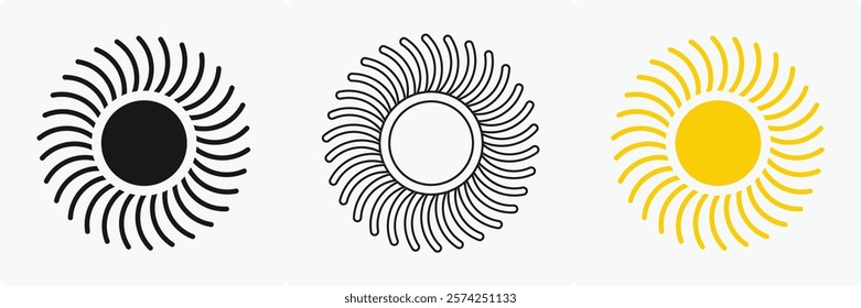 Sun icon set , including shining rays, sunset designs, solar energy, and star-inspired illustrations. Perfect for representing warmth, tanning, and bright energy.