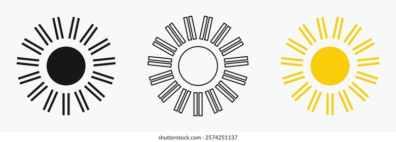 Sun icon set , including shining rays, sunset designs, solar energy, and star-inspired illustrations. Perfect for representing warmth, tanning, and bright energy.