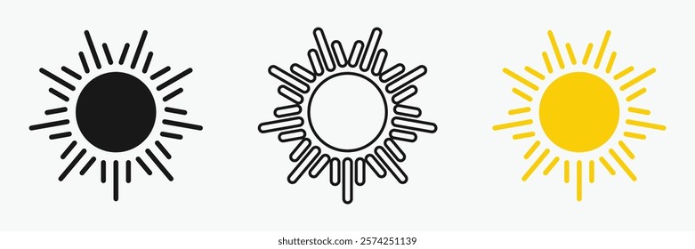 Sun icon set , including shining rays, sunset designs, solar energy, and star-inspired illustrations. Perfect for representing warmth, tanning, and bright energy.