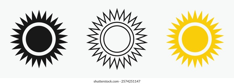 Sun icon set , including shining rays, sunset designs, solar energy, and star-inspired illustrations. Perfect for representing warmth, tanning, and bright energy.