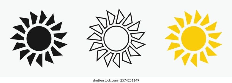 Sun icon set , including shining rays, sunset designs, solar energy, and star-inspired illustrations. Perfect for representing warmth, tanning, and bright energy.