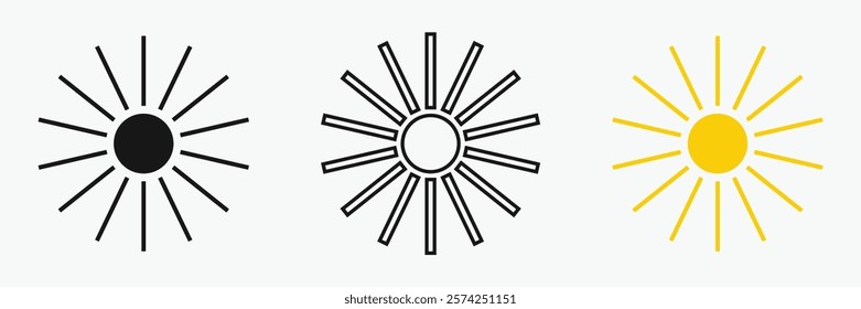 Sun icon set , including shining rays, sunset designs, solar energy, and star-inspired illustrations. Perfect for representing warmth, tanning, and bright energy.