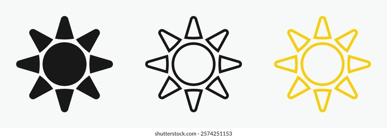 Sun icon set , including shining rays, sunset designs, solar energy, and star-inspired illustrations. Perfect for representing warmth, tanning, and bright energy.