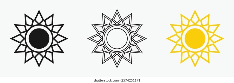 Sun icon set , including shining rays, sunset designs, solar energy, and star-inspired illustrations. Perfect for representing warmth, tanning, and bright energy.