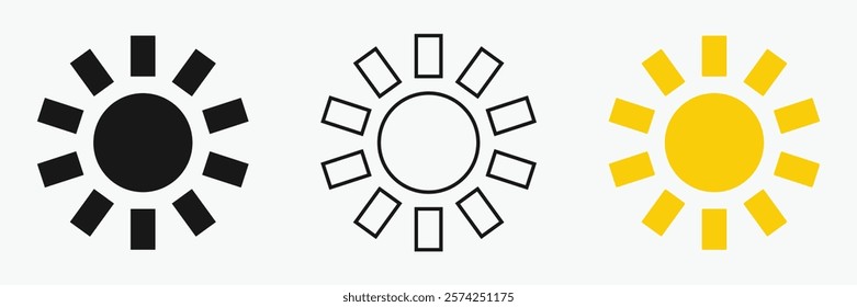 Sun icon set , including shining rays, sunset designs, solar energy, and star-inspired illustrations. Perfect for representing warmth, tanning, and bright energy.