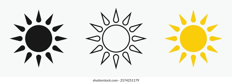 Sun icon set , including shining rays, sunset designs, solar energy, and star-inspired illustrations. Perfect for representing warmth, tanning, and bright energy.