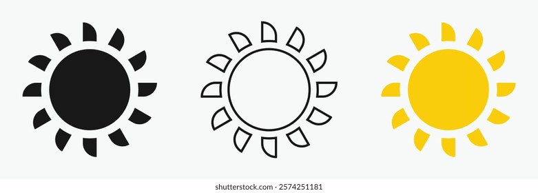 Sun icon set , including shining rays, sunset designs, solar energy, and star-inspired illustrations. Perfect for representing warmth, tanning, and bright energy.