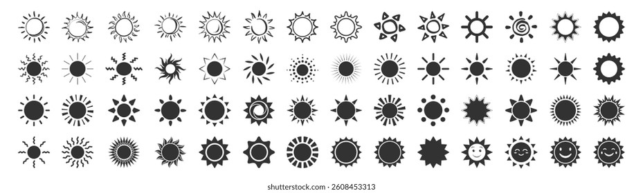 Sun icon set isolated on transparent. Shine sun ray set. Flat simple sun, hot summer weather symbol