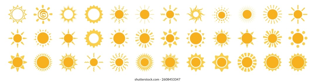 Sun icon set isolated on transparent. Shine sun ray set. Yellow simple sun, hot summer weather symbol.