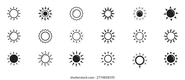 Sun icon set isolated on transparent. Shine sun ray set. Flat simple sun, hot summer weather symbol