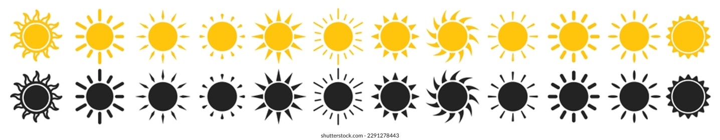 Sun icon set. Isolated summer hot sunlight sign collection. Sun stock vector icon sheet.