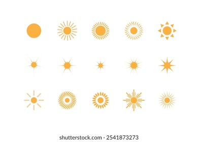 Sun icon set. Isolated yellow silhouette sun, flat and sketch bright element. Spring summer, hot weather vector symbol vector illustration.