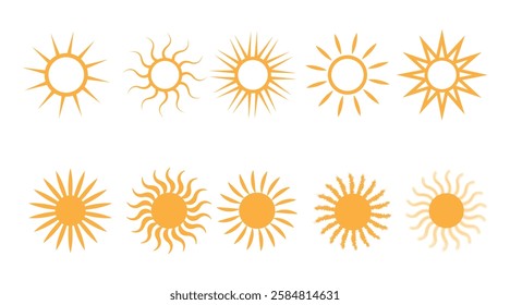 Sun icon set line art and silhouette.