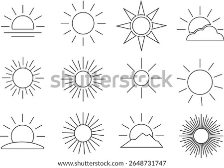 Sun Icon Set – Line Art Weather and Sunrise Symbols in Minimal Outline Style