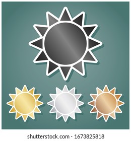 Sun Icon. Set of metallic Icons with gray, gold, silver and bronze gradient with white contour and shadow at viridan background. Illustration.
