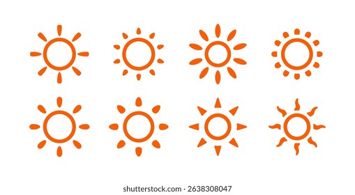 Sun icon set with minimal and playful styles. Perfect for weather apps, summer branding, children's designs, and solar energy projects. Vector illustration