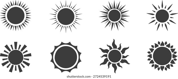 Conjunto de iconos de sol con Formas circulares minimalistas y rayos radiantes. Las siluetas negras limpias muestran diferentes estilos solares para UI, logotipos, gráficos de Clima e infografías. Símbolos de Vector simples ideales para proyectos de diseño moderno.