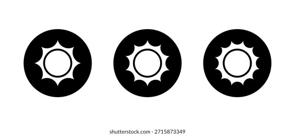 Sun icon set on black circle. Bright weather daylight symbol. Sunshine sign