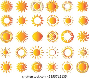 Sun icon set in orange color gradient vector art
