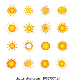 Sun icon set in orange and yellow for summer season. Sky elements, weather element for presentation of weather news and status