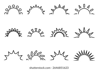 Sun icon set. Radial sun shine ray collection. Bursting black sun set, sunrise rays symbol. Half sun vector collection. Line star icons. shine and burst line. 