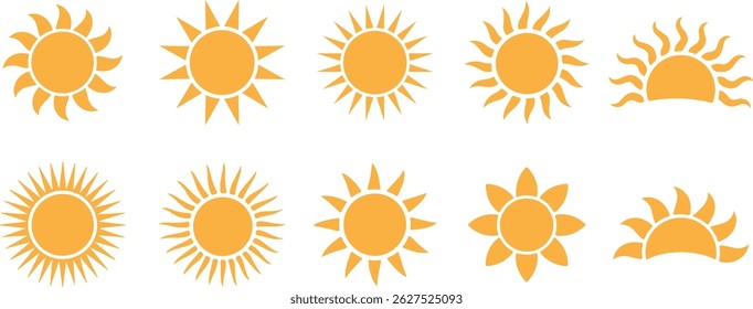 Conjunto de iconos de sol. Brillar el rayo de sol puesto. Icono de la puesta del sol colección del diseño del Vector.