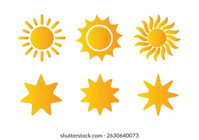 Sun icon set. Shine sun ray set. Sunset icon collection. Yellow sun star icons. Hot solar energy for tan. Graphic element. Vector illustration eps 10