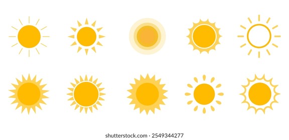Conjunto de ícones da Sun. Raio solar brilhante definido. Coleta de pôr do sol. Ilustração de vetor plano. 