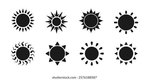 Sun icon set. Silhouette sun icon. The sun is shining. Sunset icon collection. Silhouette sun star icon. Vector illustration.