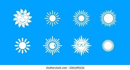 Sun icon set. Simple set of sun vector icons for web design isolated on blue background
