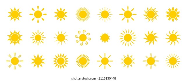 Sun icon set. Solar icons isolated on white background. Sunrise, sunset or sun shine sign collection. Vector illustration.