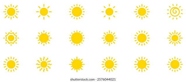 Sun icon set. Solar icons isolated on white background. Sunrise, sunset or sun shine sign collection. Vector illustration. EPS 10