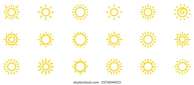 Sun icon set. Solar icons isolated on white background. Sunrise, sunset or sun shine sign collection. Vector illustration. EPS 10